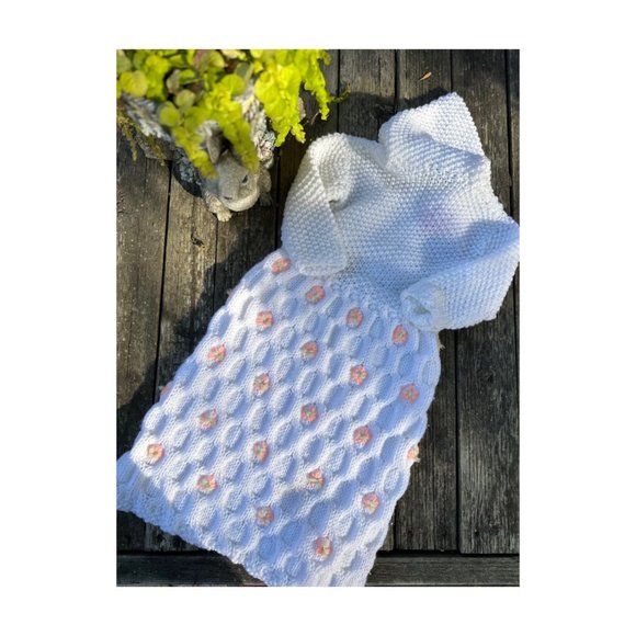 Vintage Hand Knit Sleep Sack Bunting Suit White Peach Floral Green Trim Hooded P - Picture 4 of 4